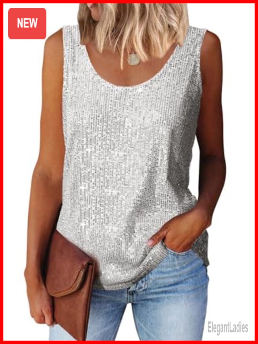 Sequin Scoop Neck Tank Top Sleeveless Open Back Party Blouse